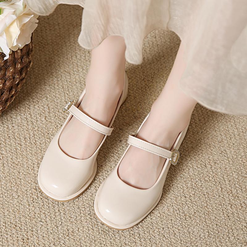 Moda 2024 Primavera y Otoño Nuevo Abrigo de Moda Superficie de Cuero Brillante Talla Grande Zapatos Individuales Mary Jane Tacones Altos Mujer