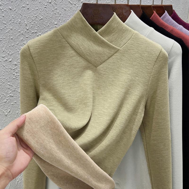

Stacked collar warm fleece bottoming shirt women s autumn and winter new semi-turtleneck long-sleeved fleece warm silk cashmere top XXXL зелёный