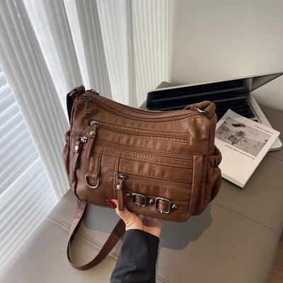 Retro Soft Leather Bag, Fashionable and Simple, Large-capacity Mom Bag, Multi-layer Pockets, Single-shoulder Crossbody Bag