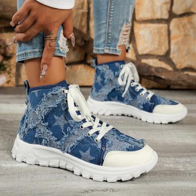 Fashion Shoes for Women 2024 European and American Fashion Blue Denim Women's Boots Outdoor Casual Lace-up High-top Sports Boots Zapatos