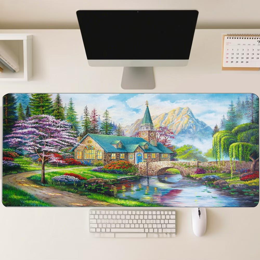 Oil Painting Landscape Large Extended Mouse Pad NonSlip Rubber Stitched Edges Print Desk Mat For Gaming Setup Office Laptop