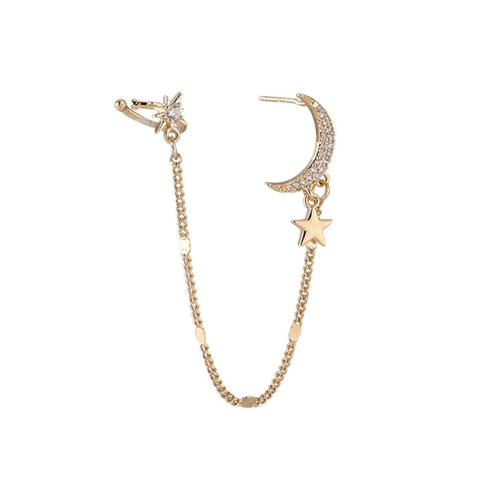 

Moon Star Ear Cuff Wrap Clip Stud Long Chain Dangle Drop Cartilage Hoop Earrings For Women Gifts One Size золотий