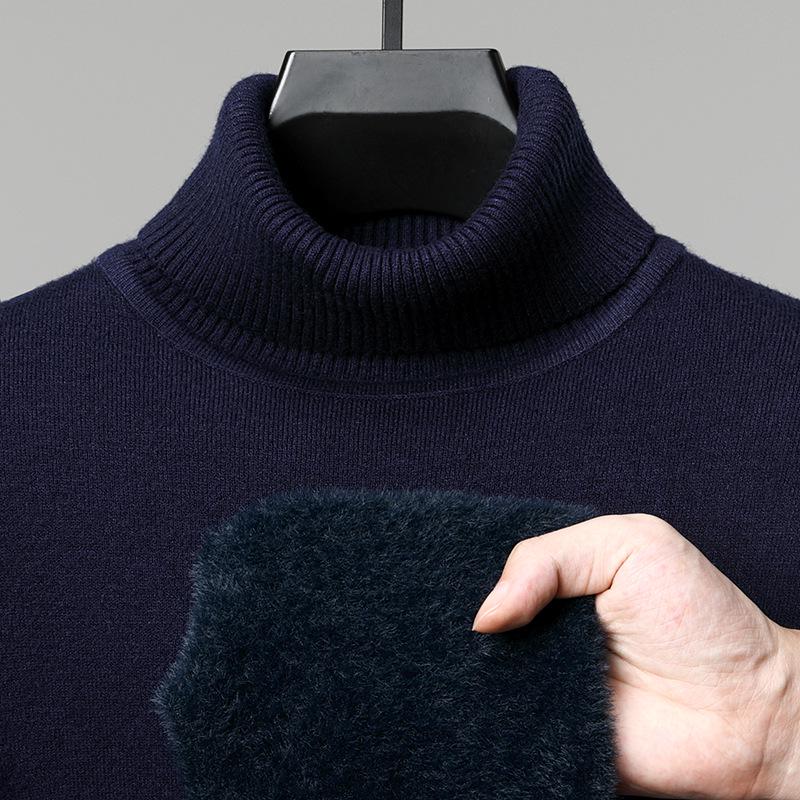 Men s Casual High Neck Knitted Sweater - Velvet Mink, Thickened, Plus Velvet, Basic Style M темно-синий