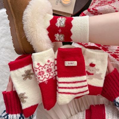 Cartoon Red Socks Children's Thickened Warm Fur-lined Mid-Calf Socks for Keeping Warm During The New Year and Celebrating Festively