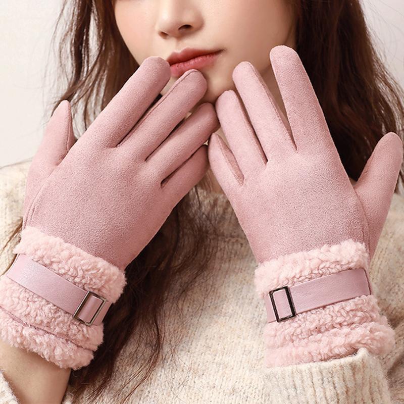 Plush Cuff Metal Buckle Suede Gloves Solid Color Thickened Warm Gloves Women's Stylish Versatile Cold-proof Gloves