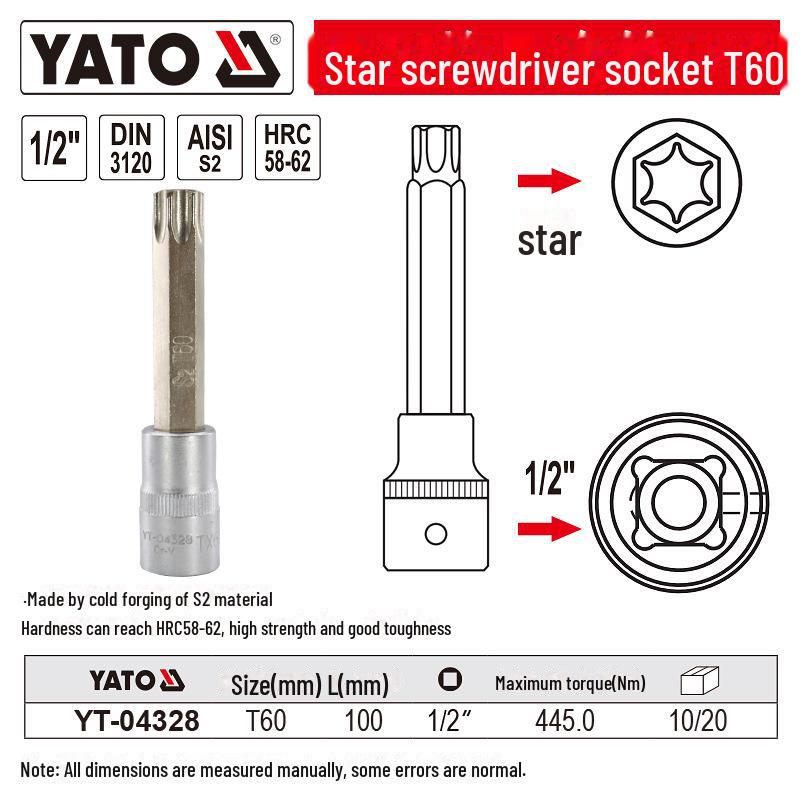 YATO 1/2" Star Screwdriver Socket Set, Chrome Vanadium Steel, S2 Head