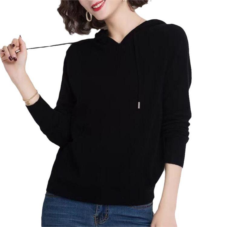 Classic sweater jacket knitted top spring and autumn long sleeves solid color versatile casual shoulder sleeves hooded sweater women's