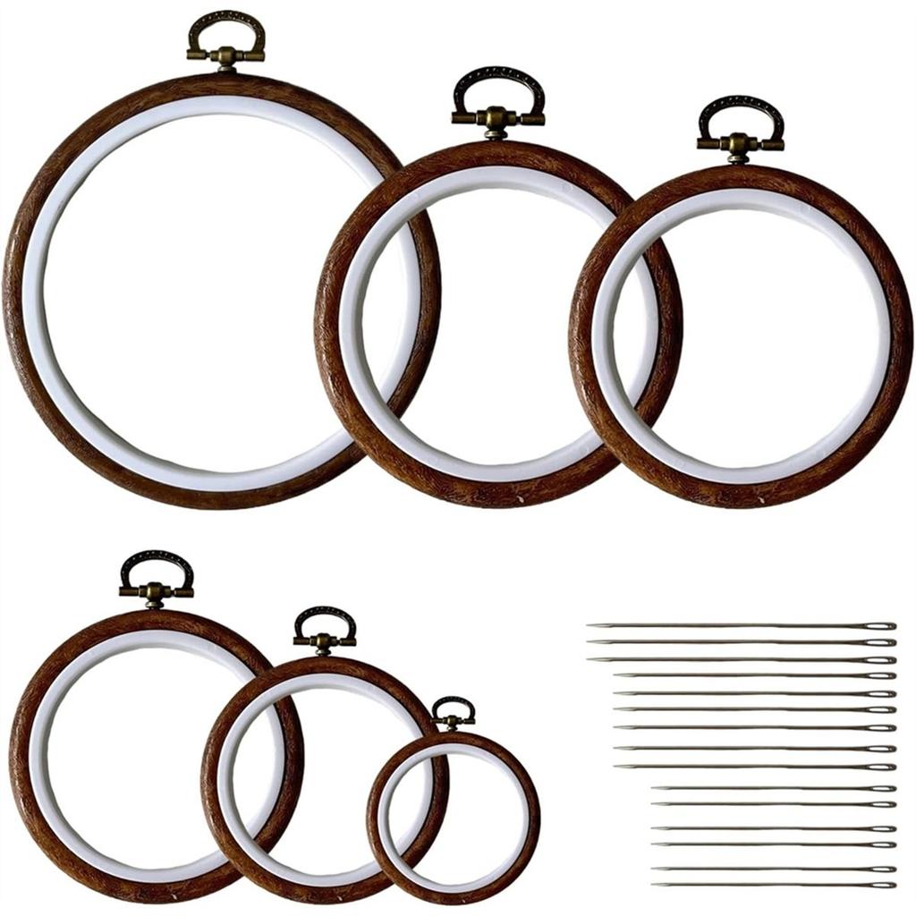 6 Pcs Imitated Wood Embroidery Hoops Frame, Round Hoop with 16 Needles for Art Craft DIY Sewing