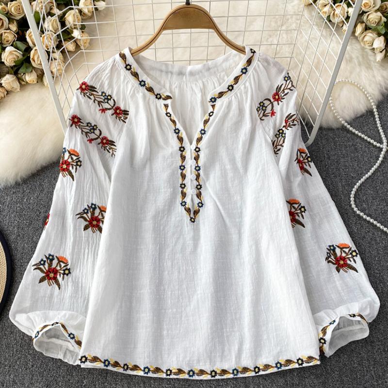 

Женская осенняя готическая винтажная блузка для вечеринки, элегантная длинная рубашка с цветочной вышивкой, пуловер с v-образным вырезом, свободный топ с рукавами-пузырьками