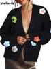 New Chunky Knit Cardigan for Women, Floral Embroidery Lantern Sleeve Oversized Sweater