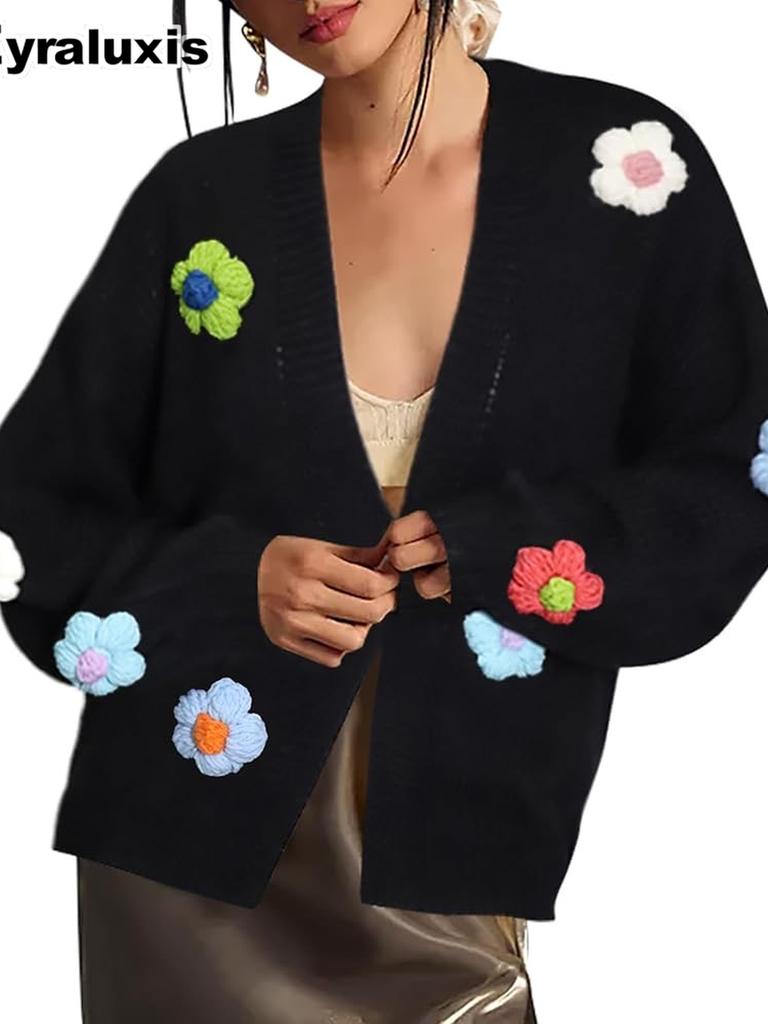 New Chunky Knit Cardigan for Women, Floral Embroidery Lantern Sleeve Oversized Sweater