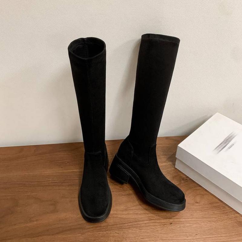 

Autumn and winter white suede large size fashion boots solid color sleeve rubber sole comfortable versatile medium heel leather high boots 39 чёрный