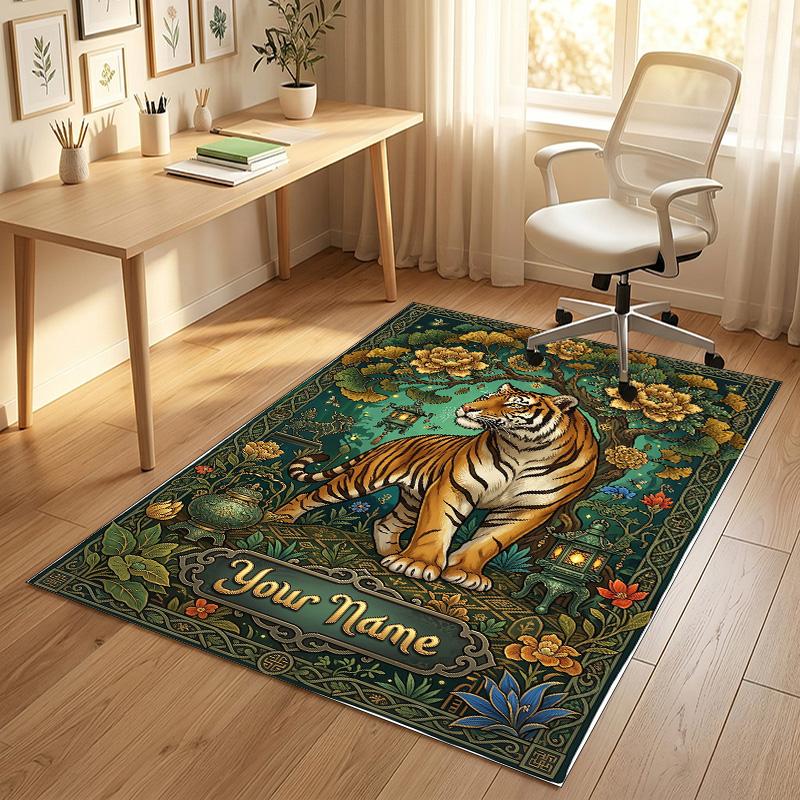 Tigers Majesty Theme Soft Crystal Velvet Rug Custom Name & Text Print Non Slip Floor Rug for Bedroom Living Room