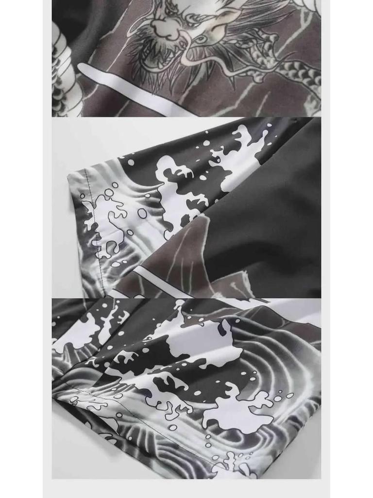 Unisex Japanese Ukiyoe Retro Kimono Cardigan - Dark, Loose Fit, 3/4 Sleeve