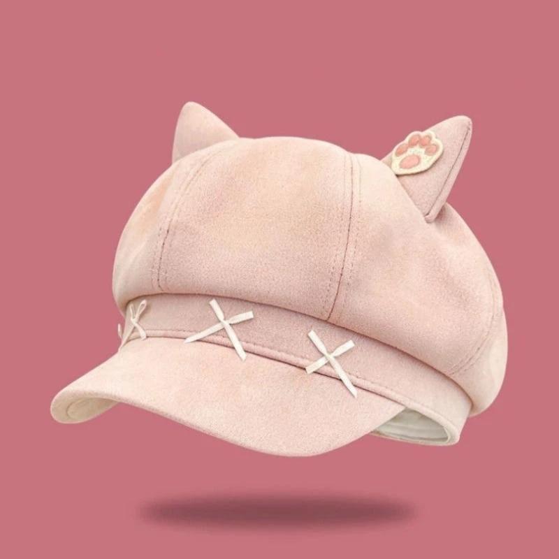 Sweet Bow Design Cute Cat Ear Berets Cap Spring And Autumn Travel Versatile Painter Hats For Woman