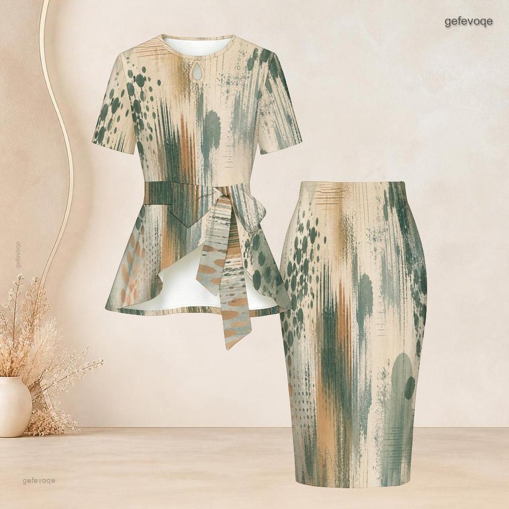 Women Plus Size Blue Gray Printed Two Piece Skirt Set Round Neck Short Sleeve Tie Waist Top Fitted Skirt