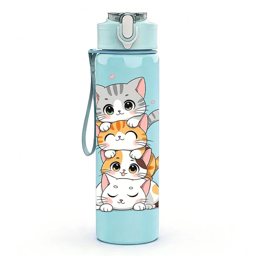 1PC Stacked Cute Kitten Cat Print 750ml Color Plastic Sports Water Bottle Leakproof Flip Straw Lid Suitable for Sports Office Home Use