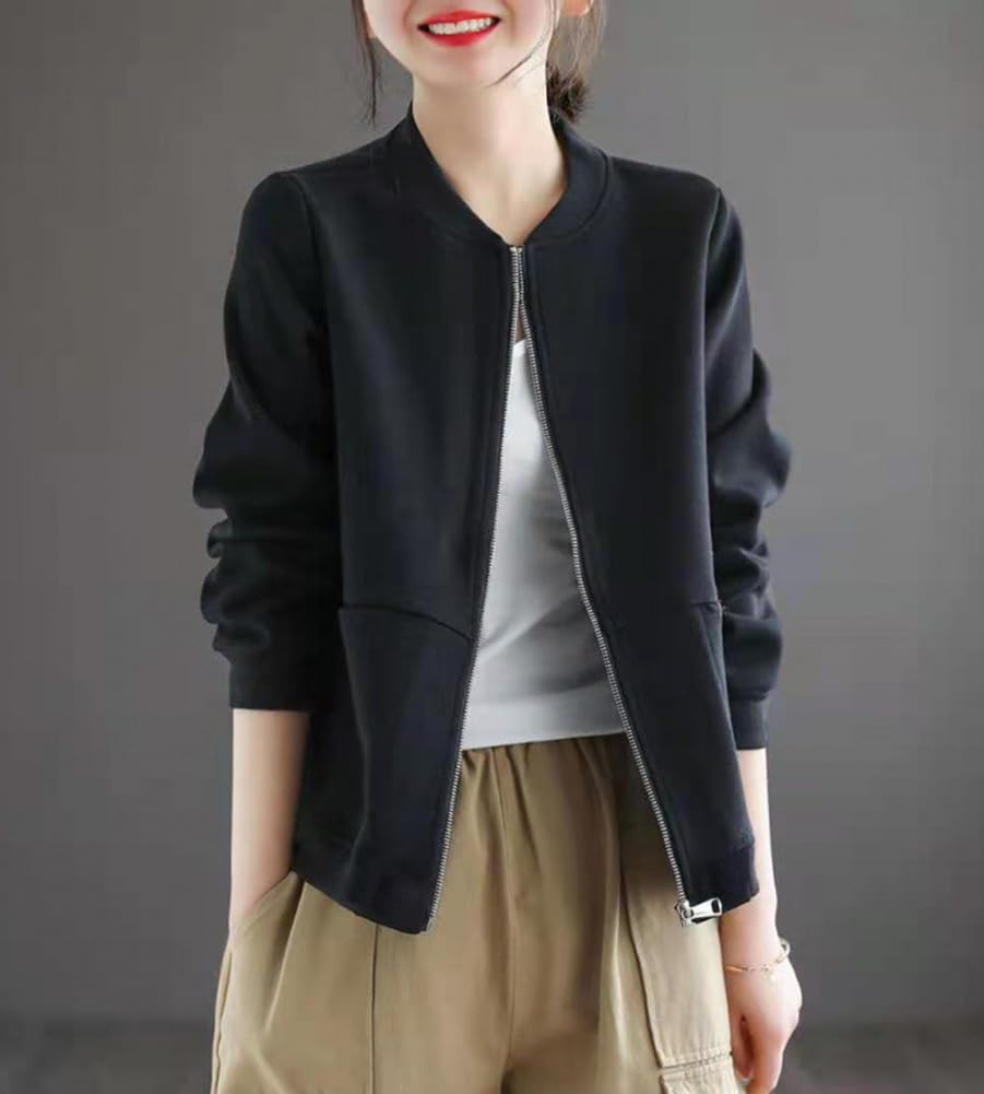 Celetree Lang Uni Erhältlich in 5 Größen Damen Zip-Up Sweatshirt, Ärmel, Farbe, Lässig, Herbst/Frühling, Farben, M-3XL (JP, Alphabet, L, Schwarz)