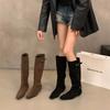 Coarse Heel Suede Brown Skinny Boots Women's Boots 2025 New Autumn and Winter Square Head Pile Boots Knight Boots
