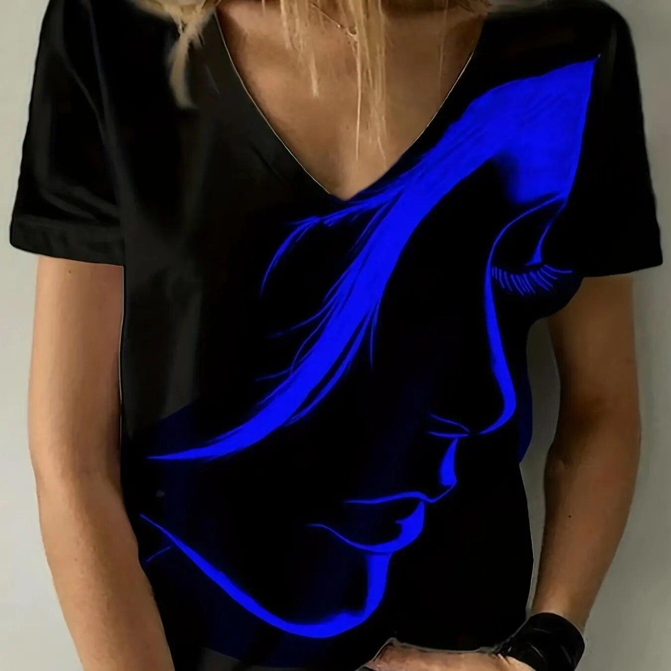 

Женская футболка с 3D-графикой лица, повседневная футболка с коротким рукавом, уличная женская одежда, свободные блузки с v-образным вырезом, модная верхняя одежда для девочек 5XL