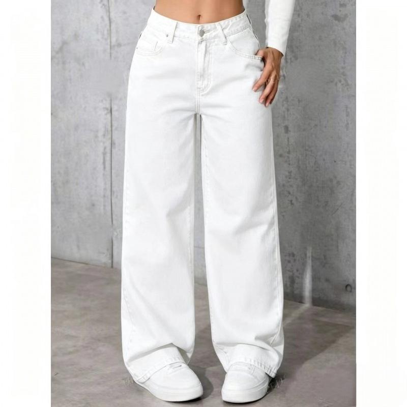 Women Mid Waist Wide Leg Jeans Loose Fit Full Length Casual Baggy Denim Trousers With Pockets