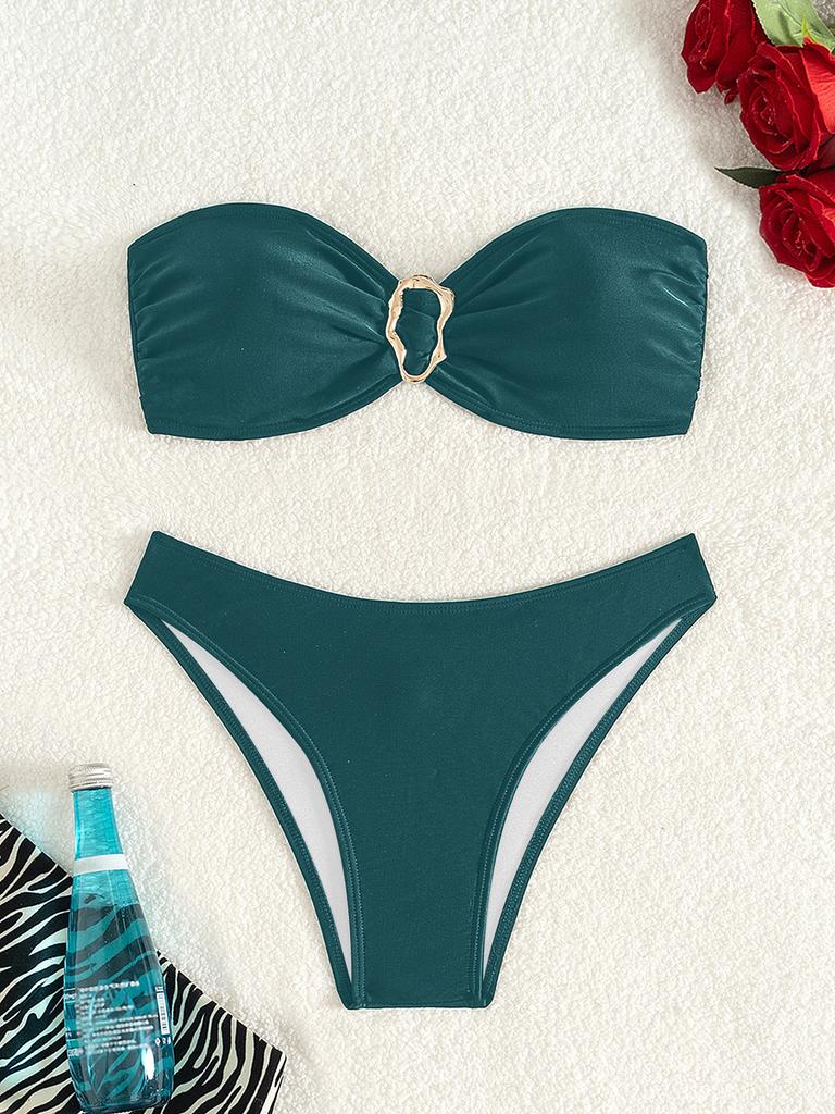Women’s Summer Bathing Suit Solid Color Bandeau and High Cut Bottom Sexy Bikini Swimsuit, Two-Piece Swimwear