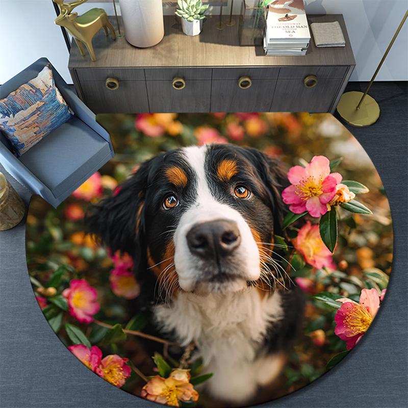 Bernese Mountain Dog Round Area Rug,Carpet Rug for Living Room Bedroom Sofa Playroom Decor,Non-slip Floor Mat