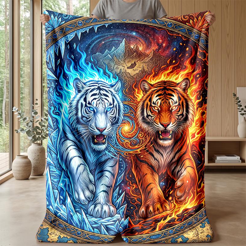 Tiger Fire and Ice Fantasy Theme Blanket Lightweight Warm Flannel Blanket Decorative Throw Blanket for Home Decoration