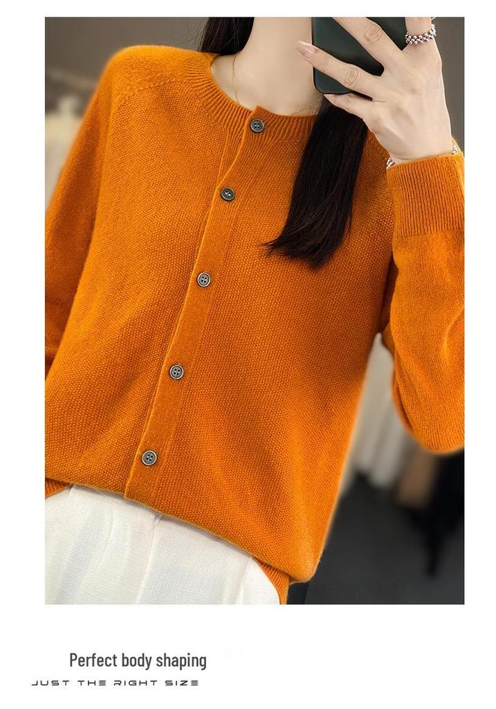 Korean Style Loose Wool Cardigan for Women - 100% Pure Wool, Fine Knit, Round Neck Sweater