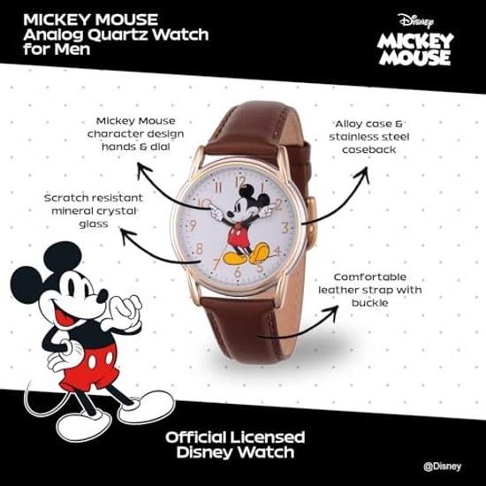 DISNEY Womens Mickey Mouse Analog-Quartz Watch Leather-Synthetic Strap Brown 18 (Model W002756)