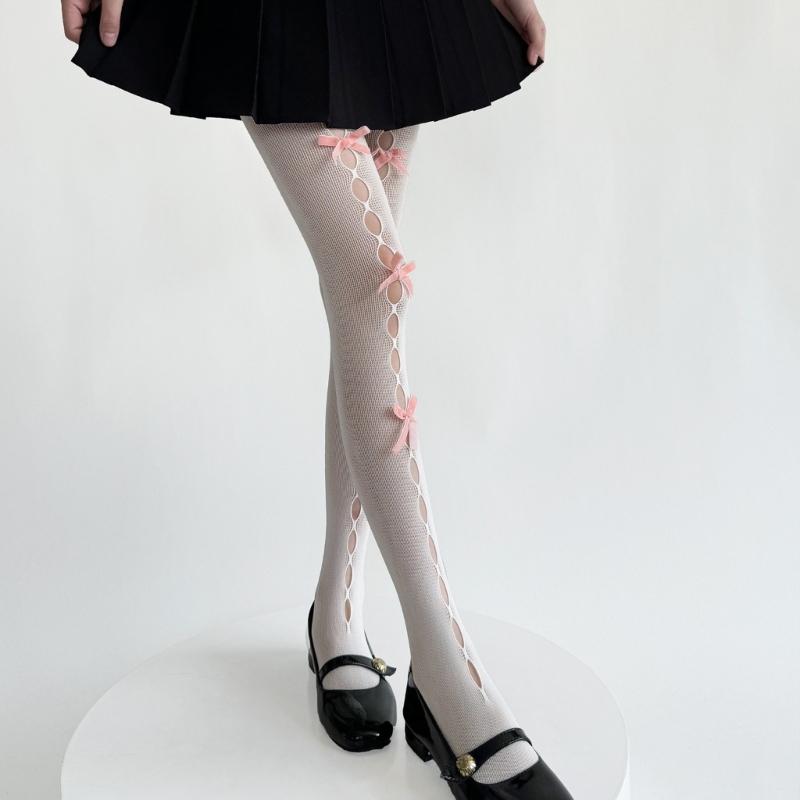 Women's Fishnet Stockings with Bowtie Girls Fish Net Tights with Designs High Waist Pantyhose Thigh High Stockings