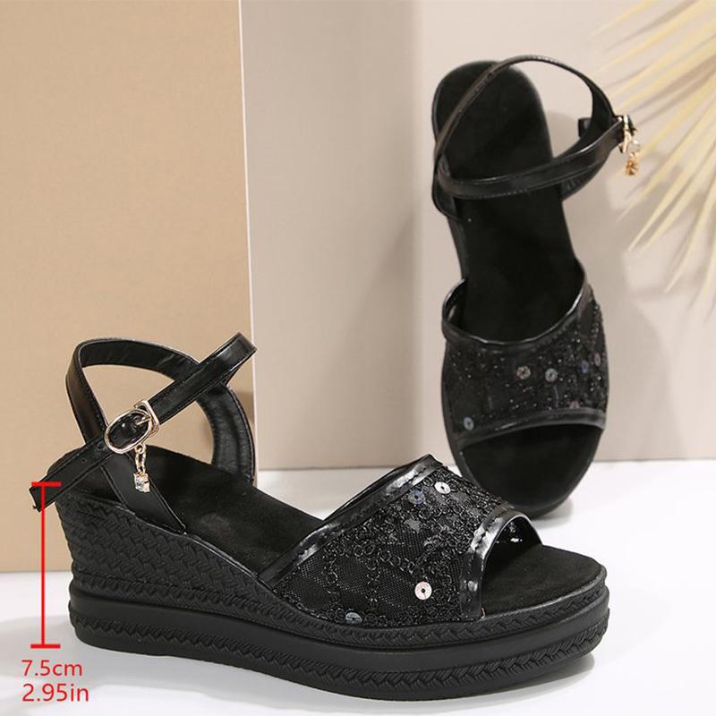 Fashion 2025 Summer Plus Size Mesh Sandals Women Bling Crystal Wedge Sandals for Women Fashion Buckle Strap Woman Sides