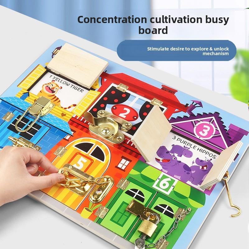 Wooden Learning Early Busy Board With Unlocking Activities For Preschool Kids