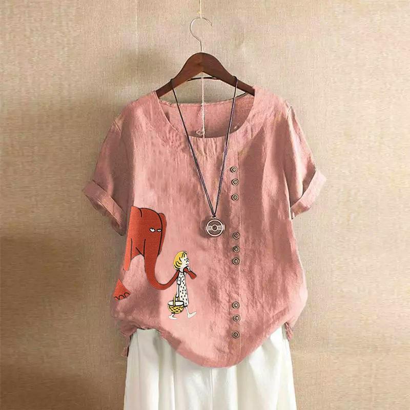 GMXIA Summer Vintage Plus-size Casual Loose Cotton and Linen Short Sleeve Pullover T-shirt Cotton and Linen Women Plus-size Women's Wear