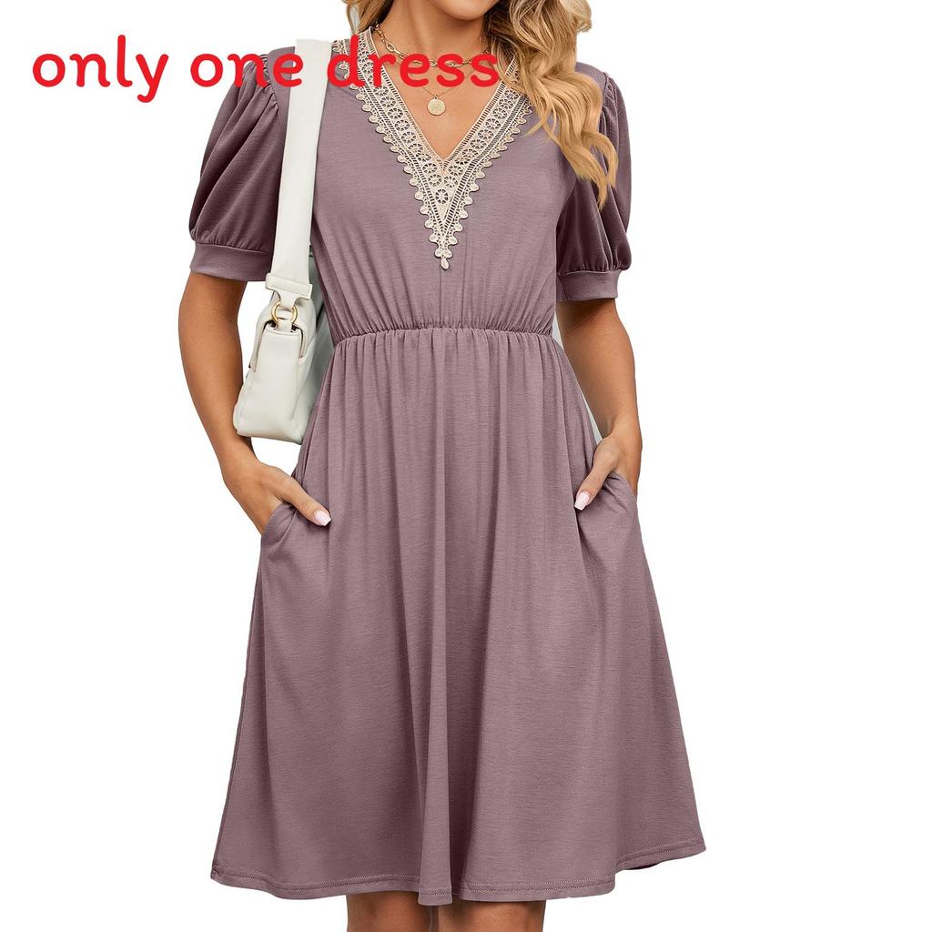 Städtisches Stilkleid mit Taschen und V-Ausschnitt für den Frühling, Freizeitkleidung