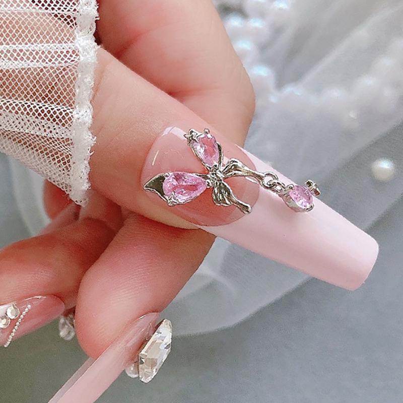 Nail Art Diamond Pink Zircon Bow Pendant Jewelry New Light Luxury Silver Butterfly Love Diamond