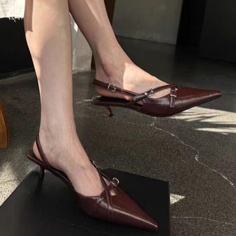 

Модные сандалии Baotou Весна Новые Остроносые С мелким вырезом Металлическая пряжка А-образные Противоскользящие Износостойкие Туфли на низком каблуке 41 вино красного