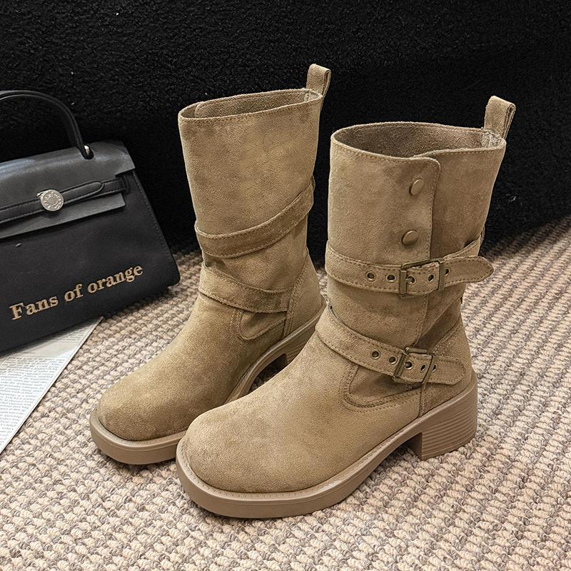 Ruodan Thick Heel Western Cowboy Boots Women's Autumn New Mid-heel Retro Square Head Thick-soled Piled Boots Two Wear Medium Boots