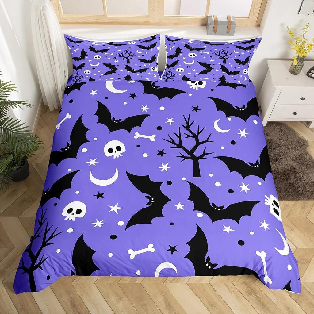 Spooky Dark Bats Duvet Cover Halloween Decoration Glitter Stars Moon Galaxy Bedding Set Cartoon Bat Gothic Comforter Cover Queen