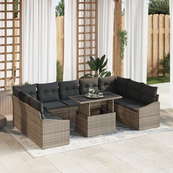 VidaXL Ensemble de canapé de jardin 10 pièces avec coussins gris en rotin poly 3349065