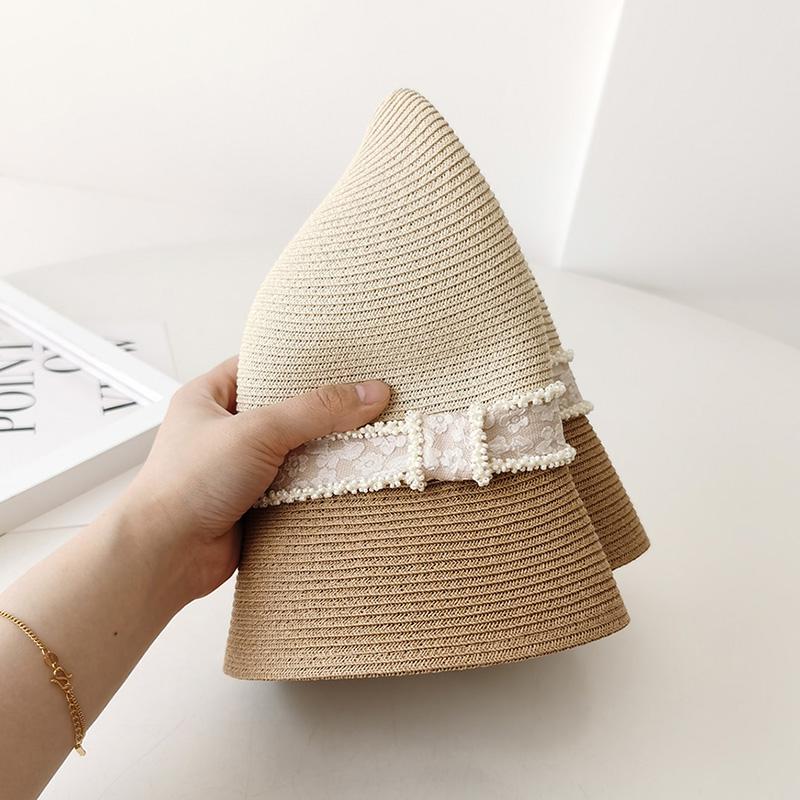 Elegant splicing top hat straw bucket hat women's summer seaside vacation sun protection UV shade straw hat