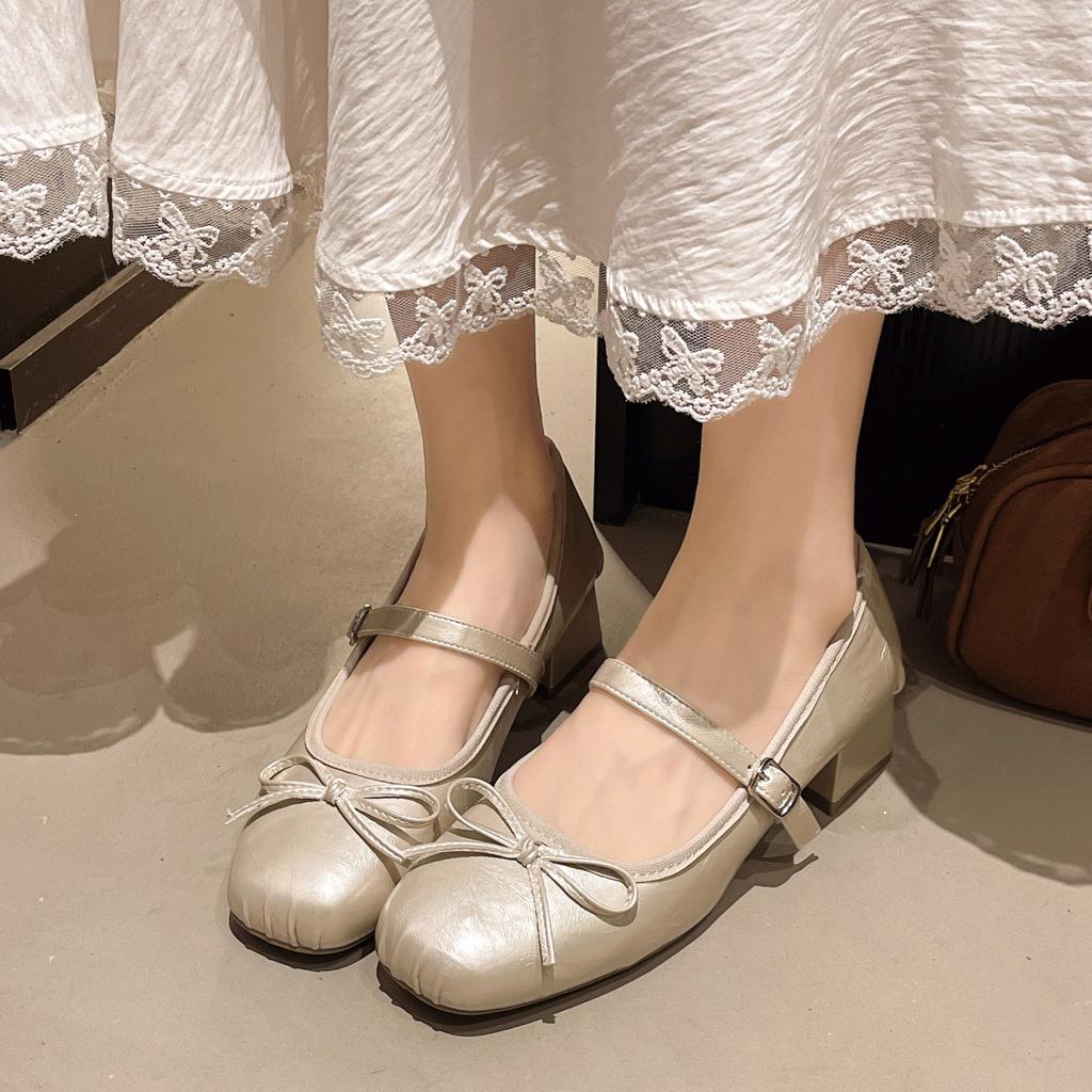 French Fairy Style Red Square Head Mary Jane Shoes Girl Spring 2025 New Bow Flat Ballet Shoes