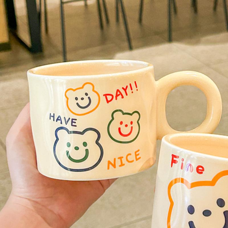 Bear Mug Girl with High Looking Ceramic Cup with Spoon Office Cute Coffee Milk Breakfast Cup