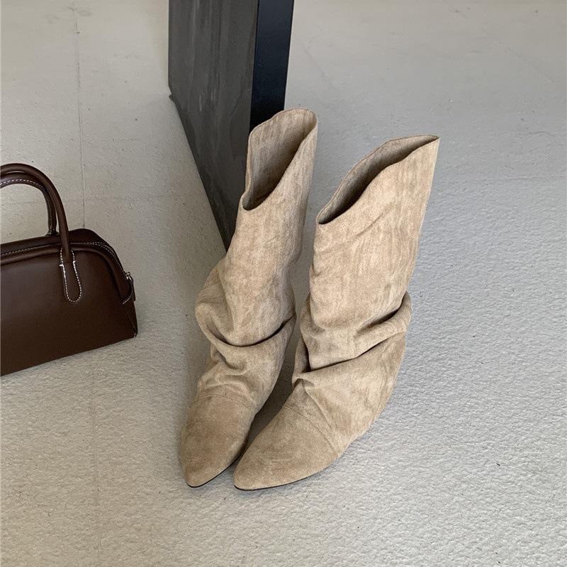 

Женские замшевые плиссированные ботфорты на скрытой платформе, новые осенне-зимние 2025 года, с острым носком, в стиле вестерн, ковбойские, с отворотом, полусапоги 39 абрикосовый