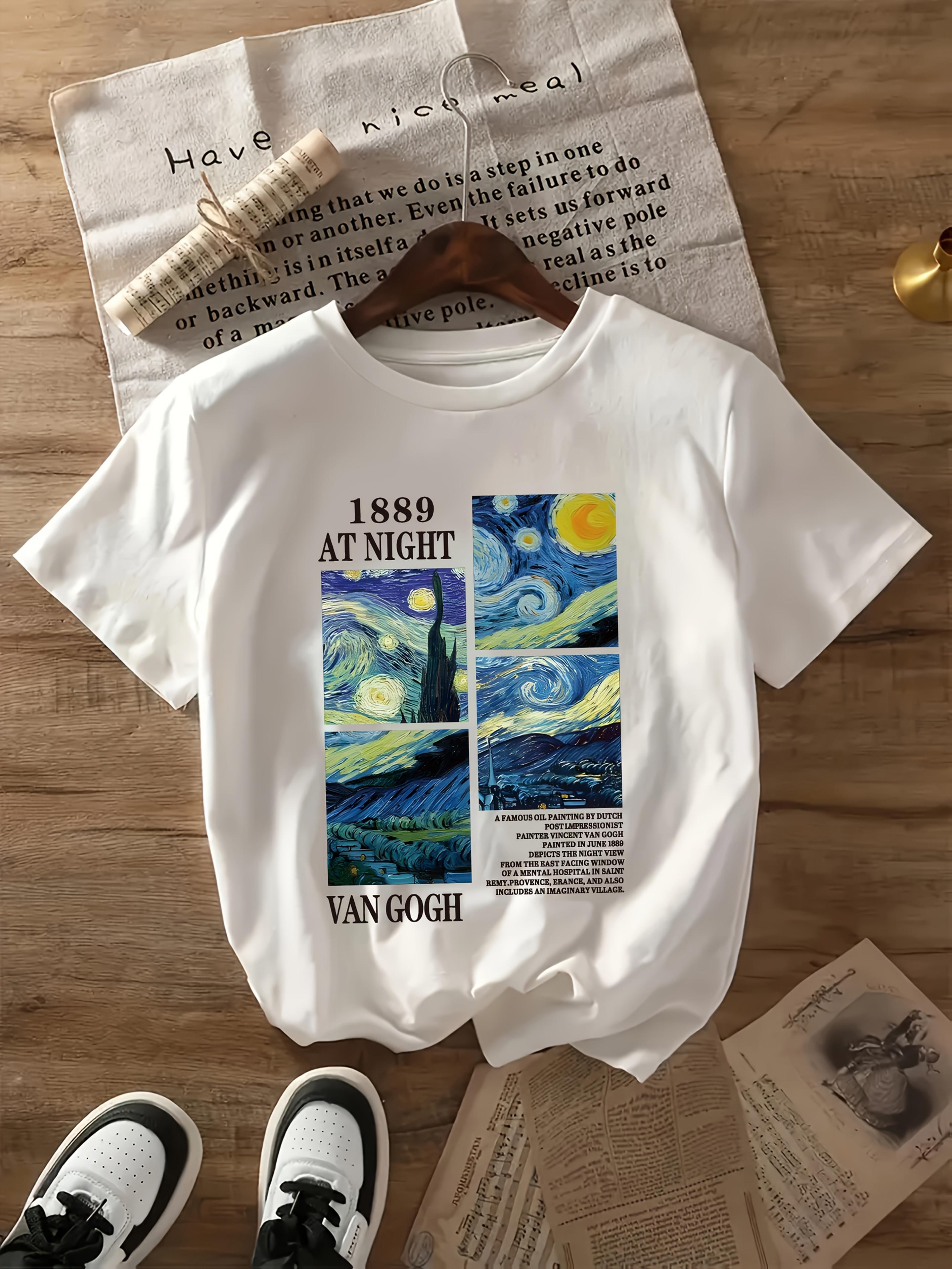 

Women s Van Gogh Starry Night Art Print T-Shirt 1898 Inspired Short Sleeve Crew Neck Top Fit Casual Tee Artistic Lettering Shirt S