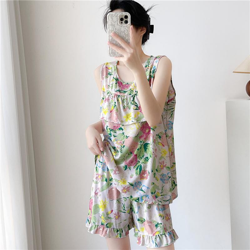 Women's Summer Ultra-Thin Cotton Satin Pajamas Set With Shorts And Sleeveless Vest, Cool Comfort Home Wear For Hot Weather