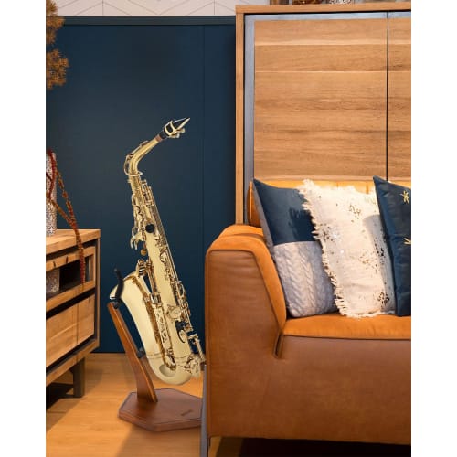 Suport pentru saxofon STRICH, Lemn masiv, pentru Alto și Tenor, Suport stabil de podea cu bază grea, Culoare nuc, FH-4