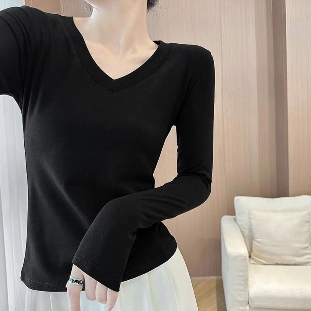 V-neck Right Shoulder T-shirt Slimming Hot Girl Long-sleeved Top Women Spring Autumn Bottoming Women