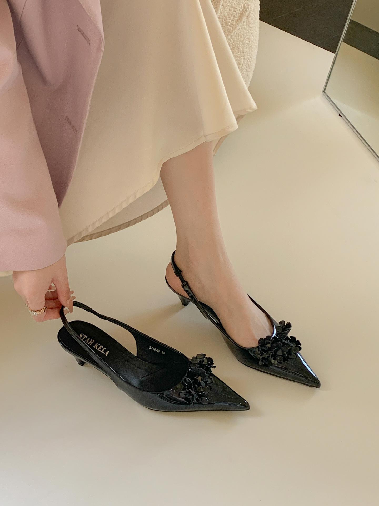 

Niche Design Glossy Single Shoes Women S Shoes Spring Floral Pointed Heel Middle Heel Rear Empty Light Mouth Sandals 39
