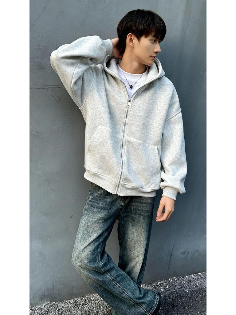 New Style Men's Heather Gray Hooded Sweatshirt with Backpack, Loose Fit, Perfect for Elementary Students.